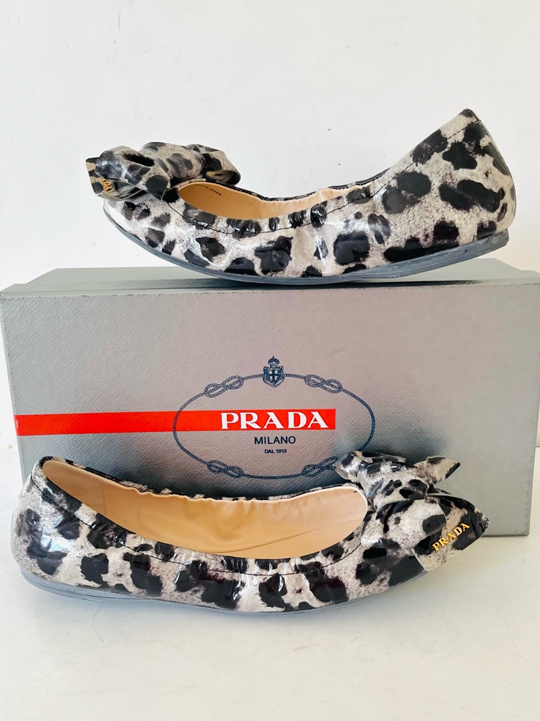 Prada Black And Gray Leather Animal Print Ballet Flats 38